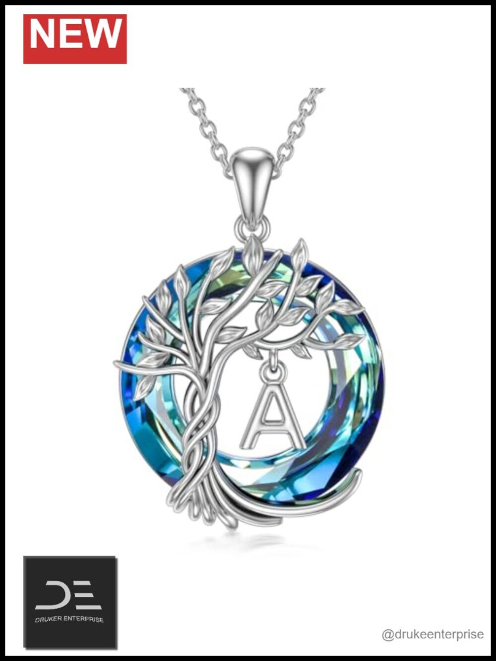 Tree of Life Initial Necklace 925 Sterling Silver Blue Crystal Pendant